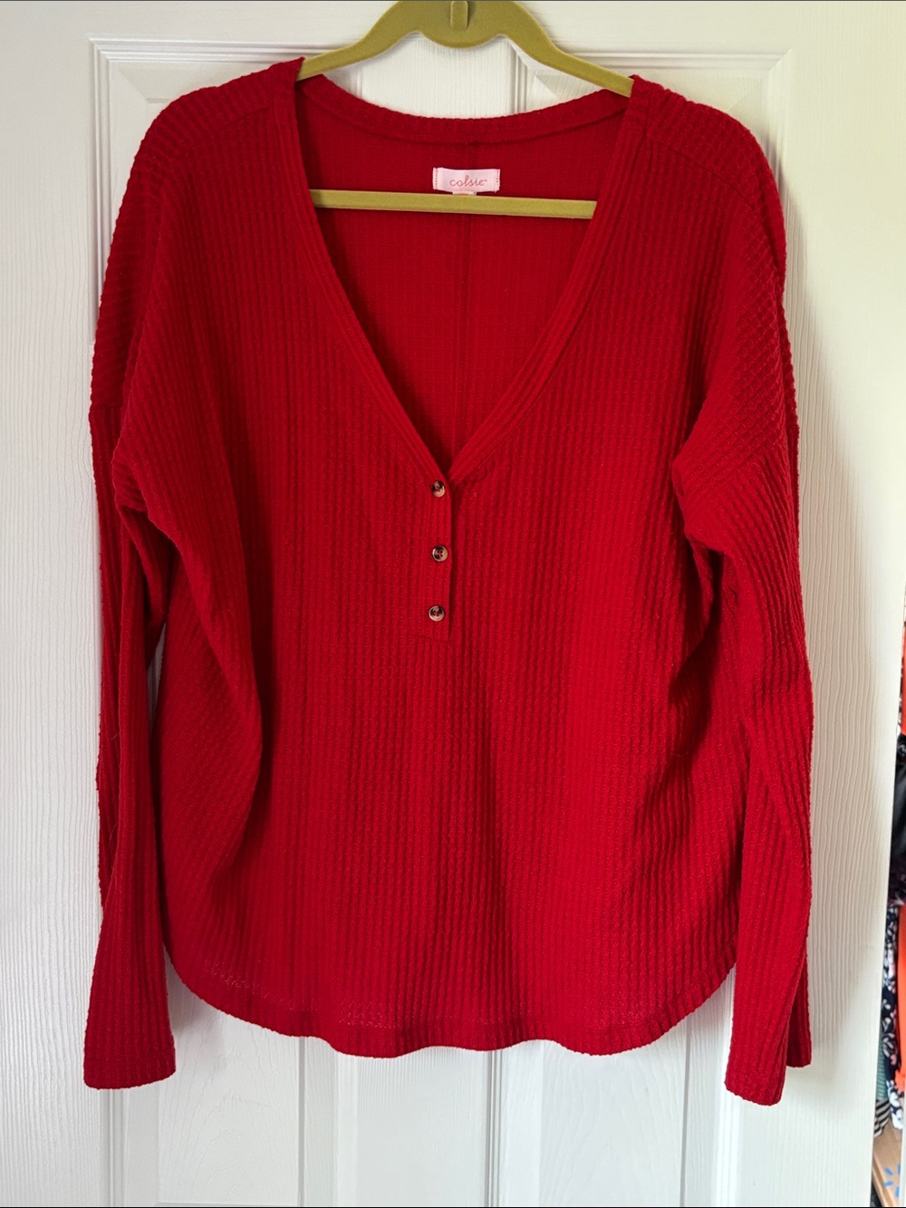 Colise Red Ribbed V-Neck Oversized Henley Top